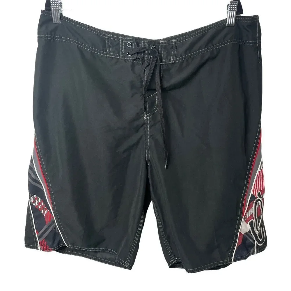 O’Neill Logo Pattern Black Gray Red Swim Trunks Pockets Drawstring size XL